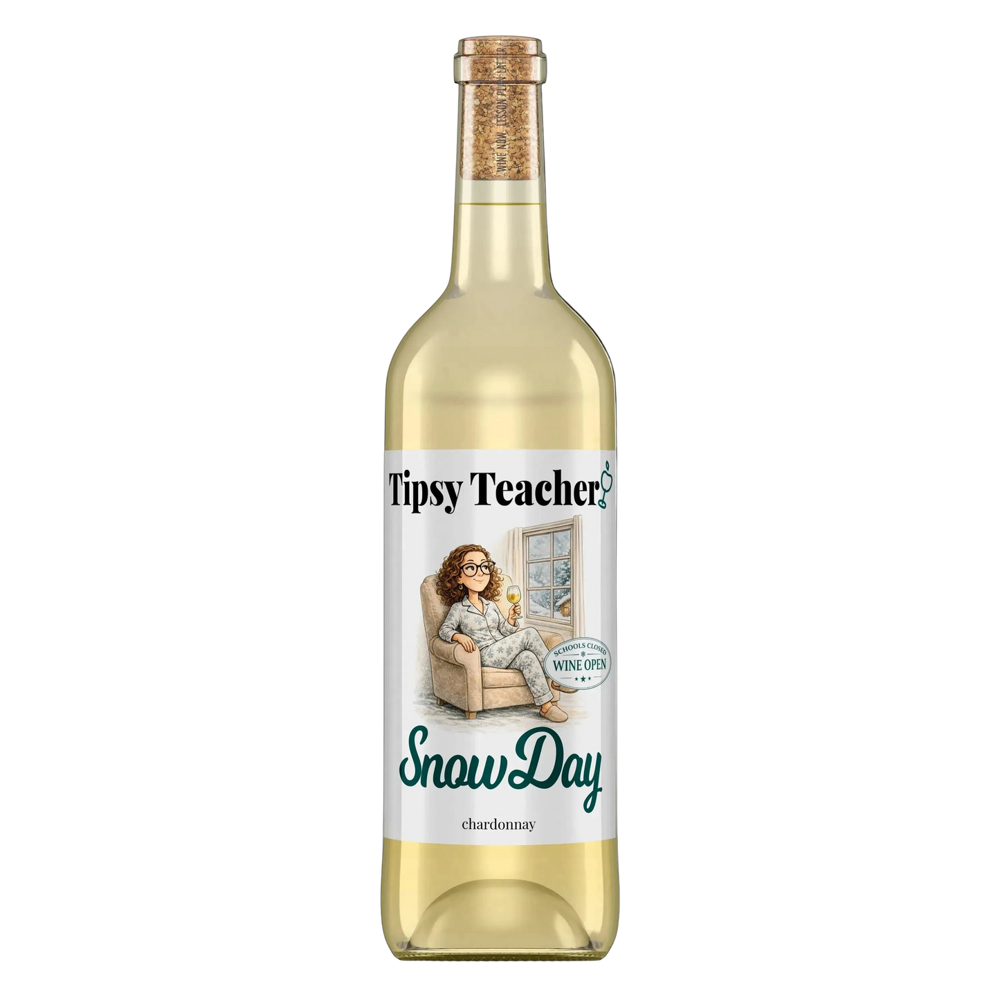 Snow Day Chardonnay white wine bottle by Tipsy Teacher