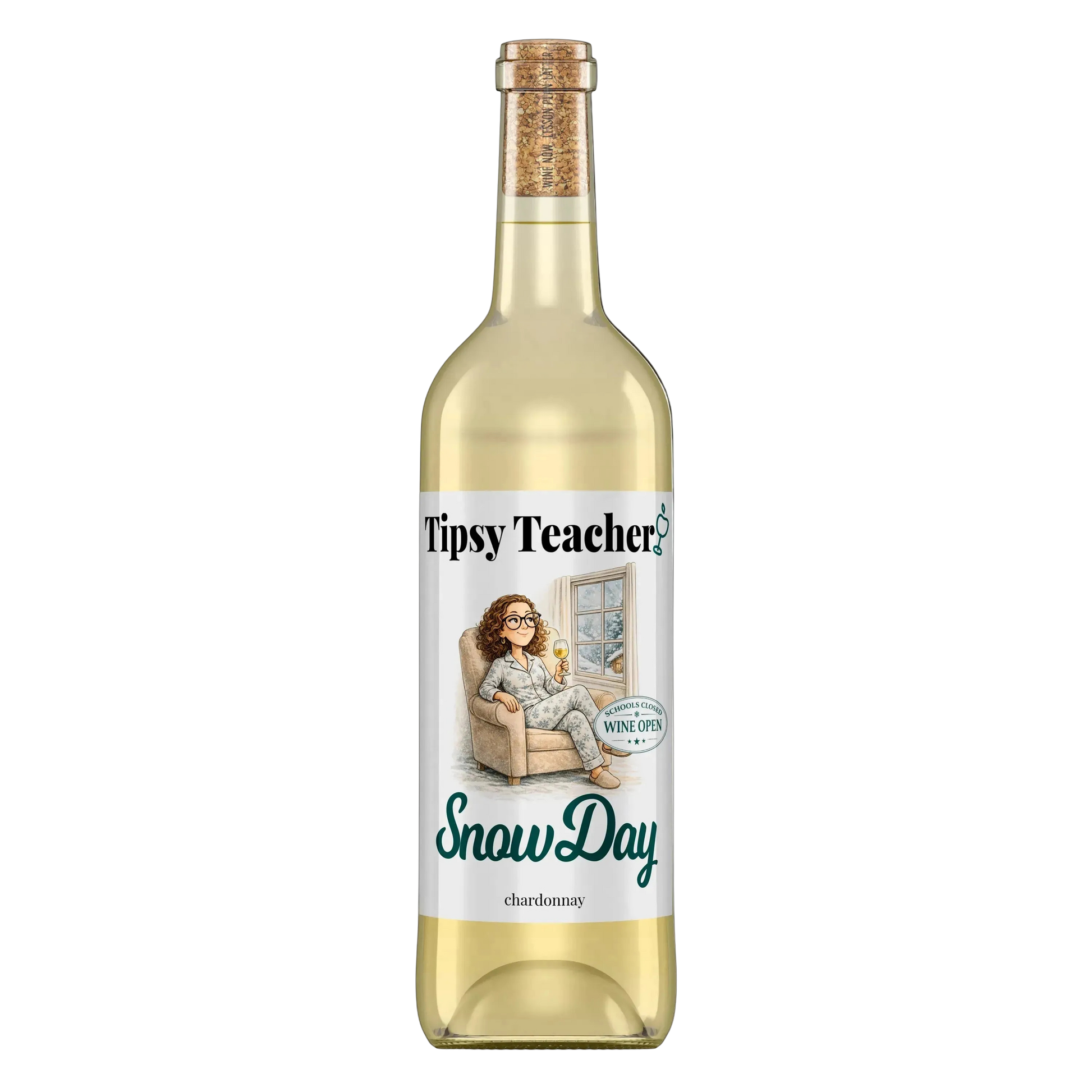Snow Day Chardonnay white wine bottle by Tipsy Teacher