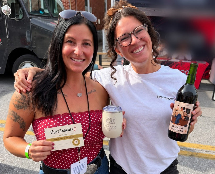 Two Tipsy Teacher Founding Members with the member card, the club tumbler and Berry'd in Papers