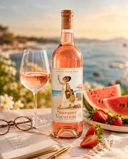 Summer Vacation semi sweet rose bottle with a glass, strawberries, and watermelon