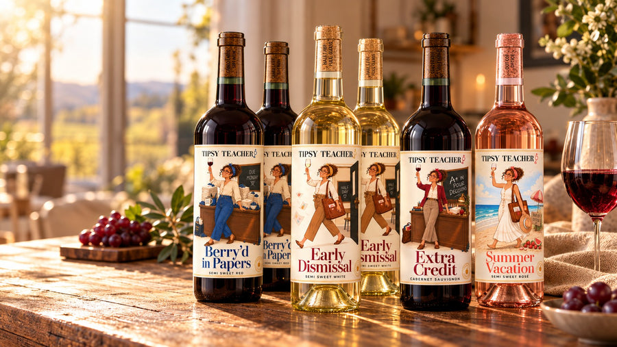 Six bottles on a sunlit wooden table with grapes and a glass of red: two Berry'd In Papers, two Early Dismissal, Extra Credit and Summer Vacation